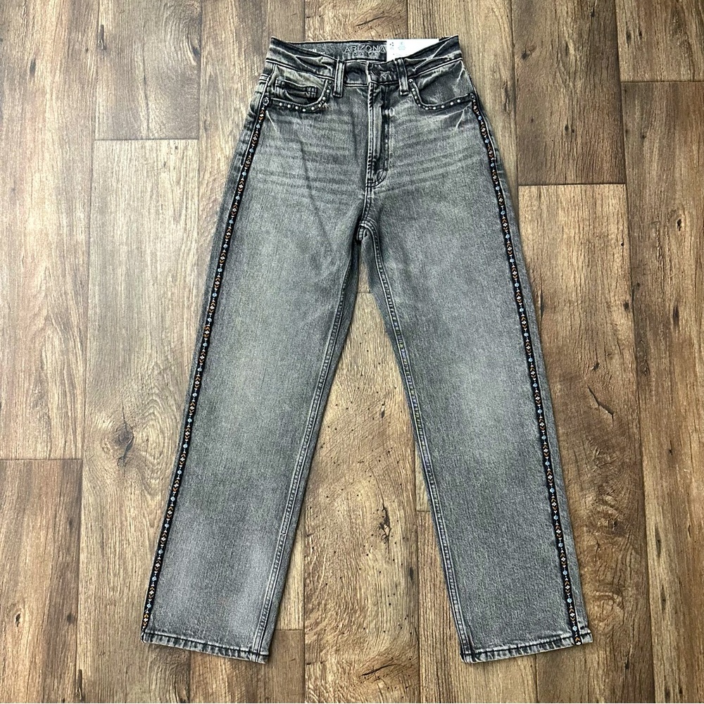 Arizona Jean Highest Rise Side Embroidered Straight Gray Black Jeans Women’s 0